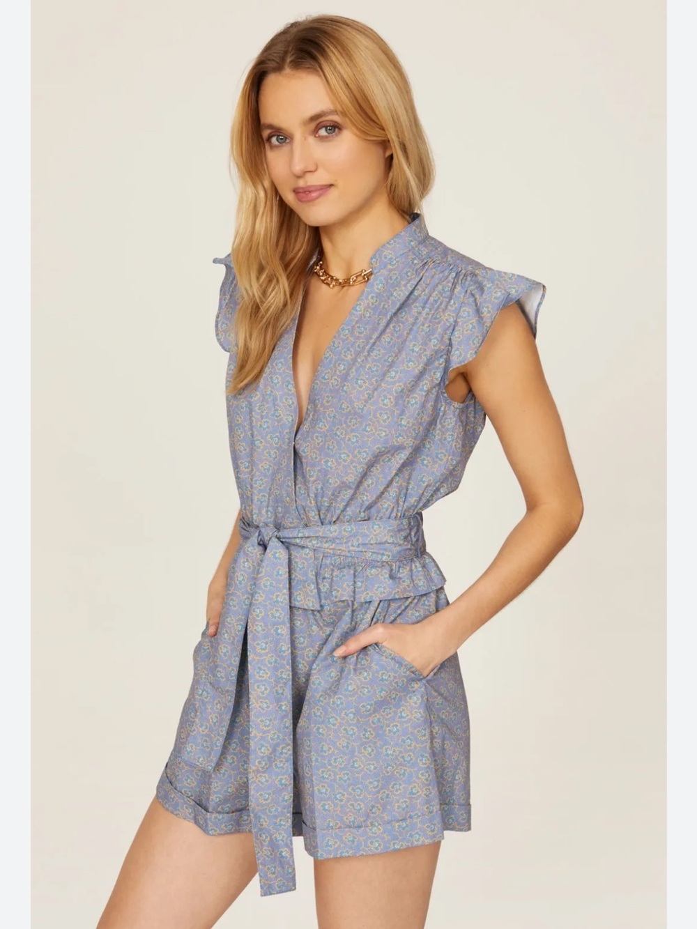 Derek Lam 10 Crosby Blue Leaf Sleeveless Cotton Romper Italy 42 US 6